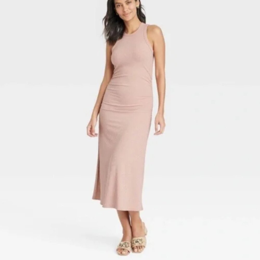 A New Day Tank Dress Ribbed Knit Midi Sleeveless Beige
